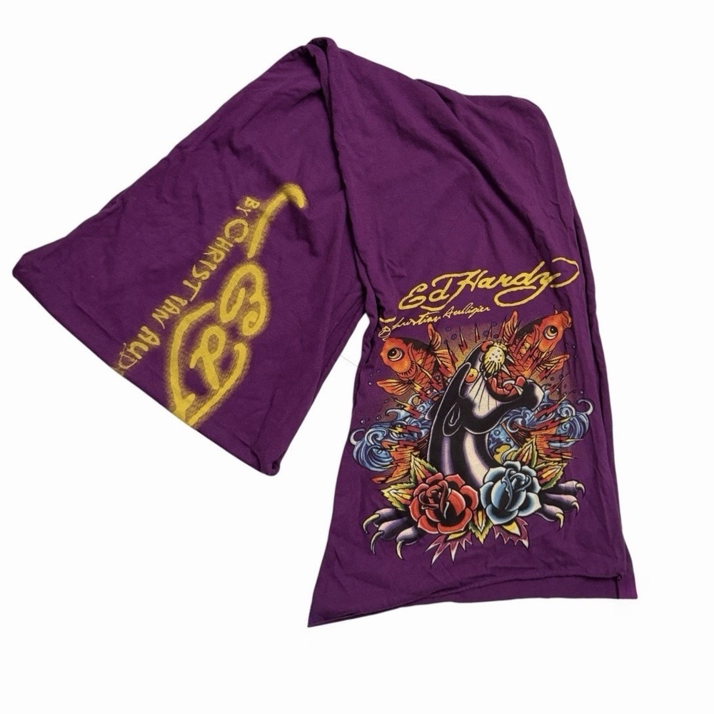 Don Ed Hardy Designs Christian Audigier Scarf Cotton USA Purple Yellow Logo Icon
